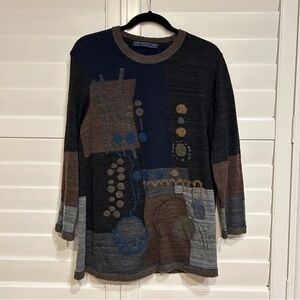 M. & Kyoko Geometric Print Wool Blend Crewneck Sweater Blue Brown Size Large